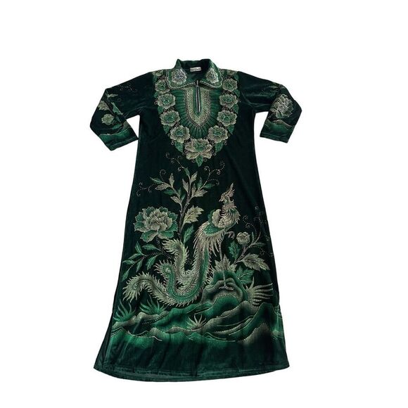 Vintage Other - Vintage velour 70s 80s green sparkly peacock and Lotus flower maxi house dress